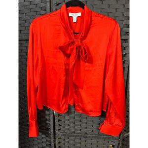 Red Satin Bow‑Neck Blouse – Size L – Elegant Long Sleeve Top NWT
